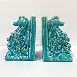 Ceramic glazed seahorse nautical bookends. Coastal decor. Beach decor. NWT
